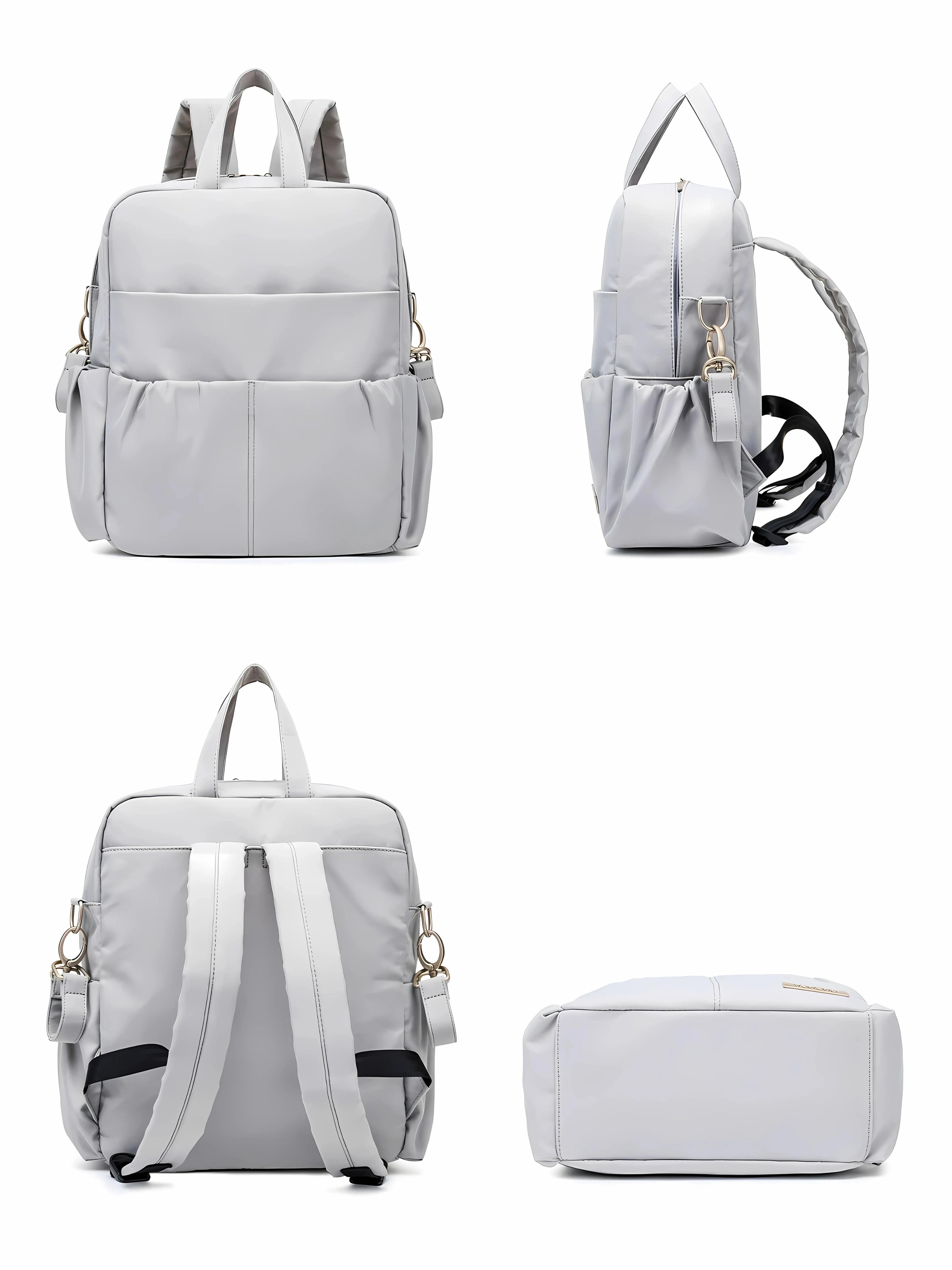 Vue complète d’un sac à langer gris multifonction, avec plusieurs poches et bretelles réglables, idéal pour les parents en déplacement.