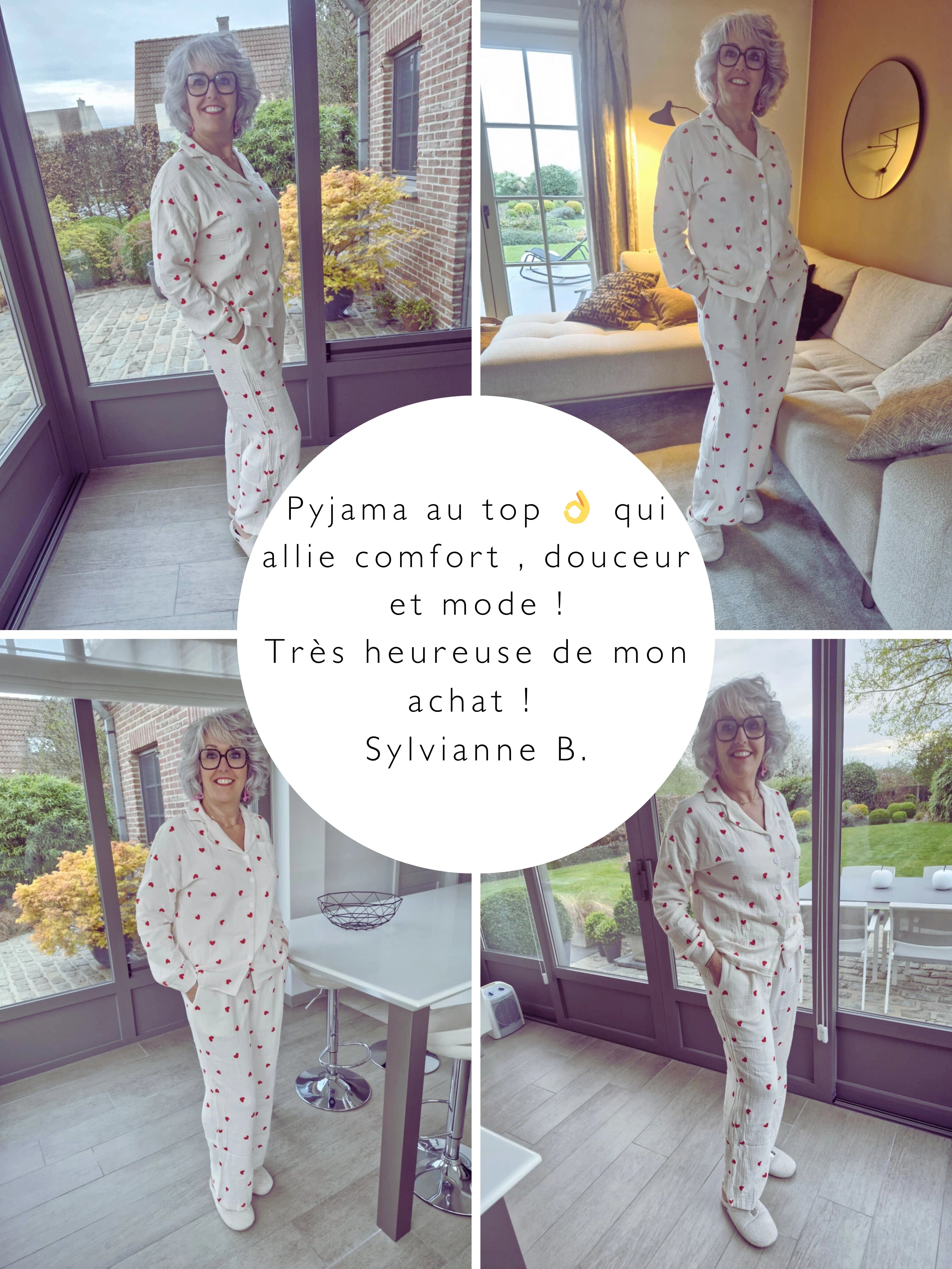 Amour Nocturne – Pyjama femme en gaze de coton écru à cœurs rouges