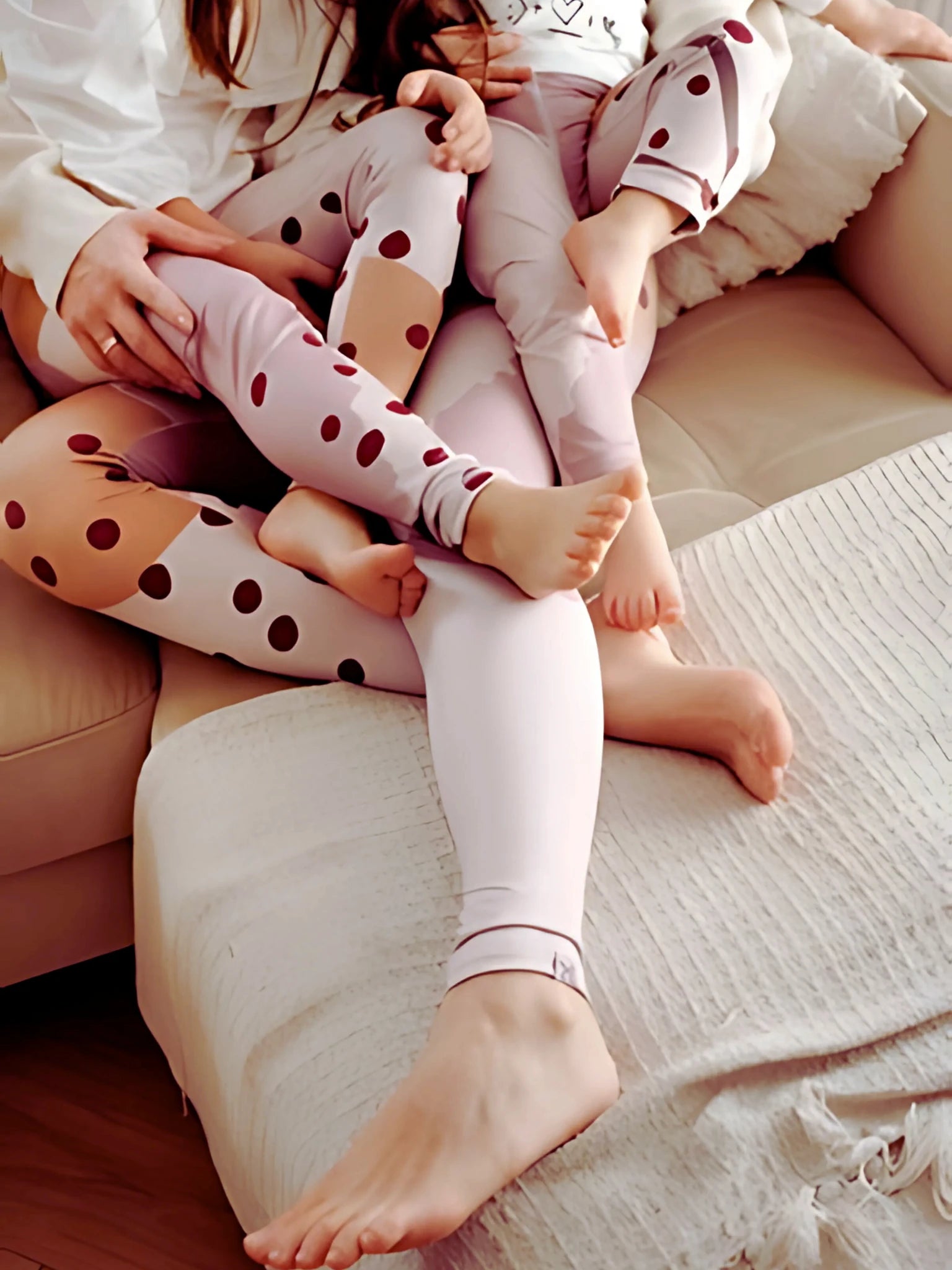 Pastel pink children's leggings with burgundy polka dots (Oeko-Tex® stretch)