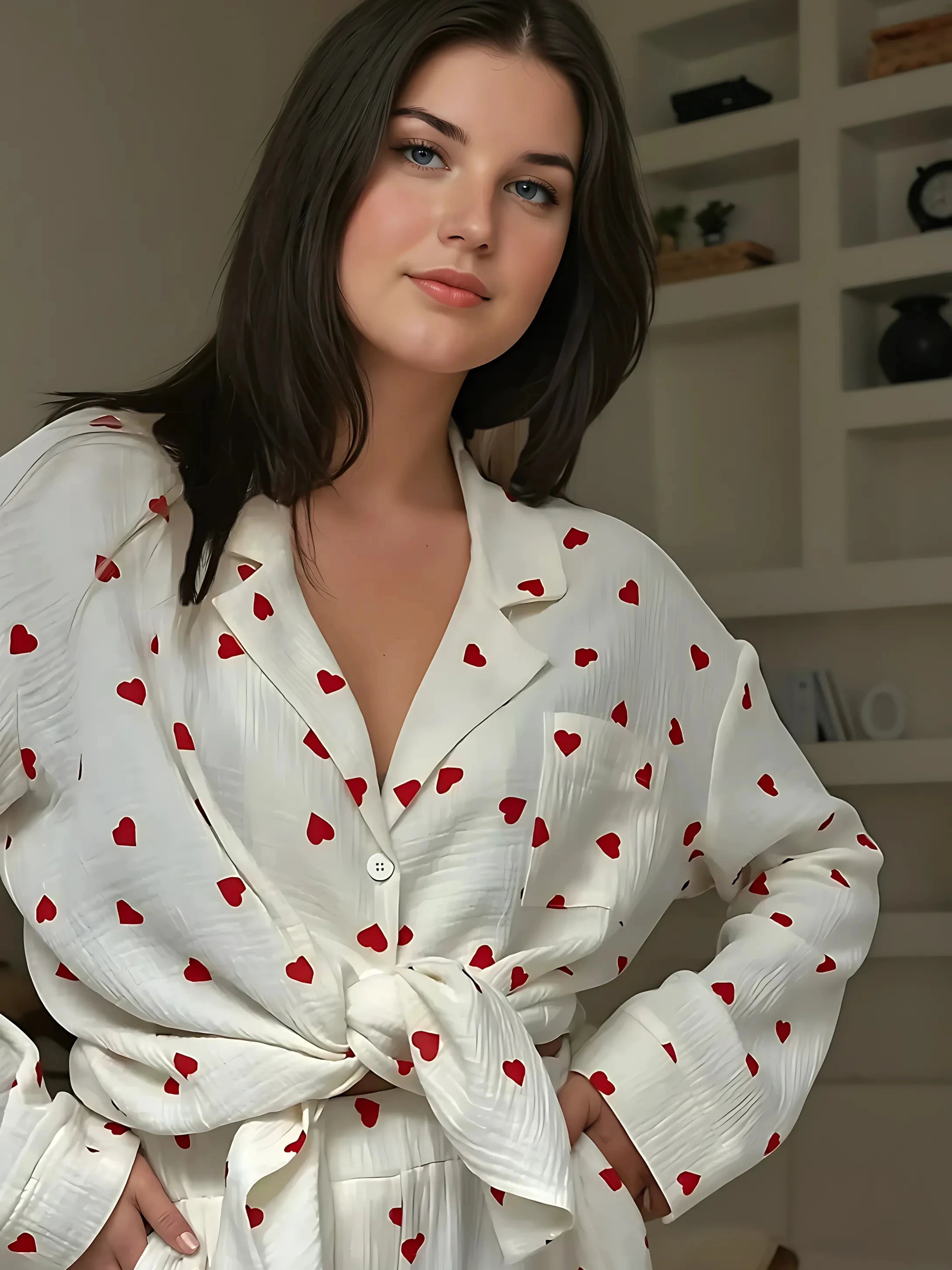 Femme élégante portant un pyjama en satin blanc à imprimé cœurs rouges, noué à la taille pour un style décontracté et raffiné. Tenue confortable idéale pour des nuits douces et cosy.