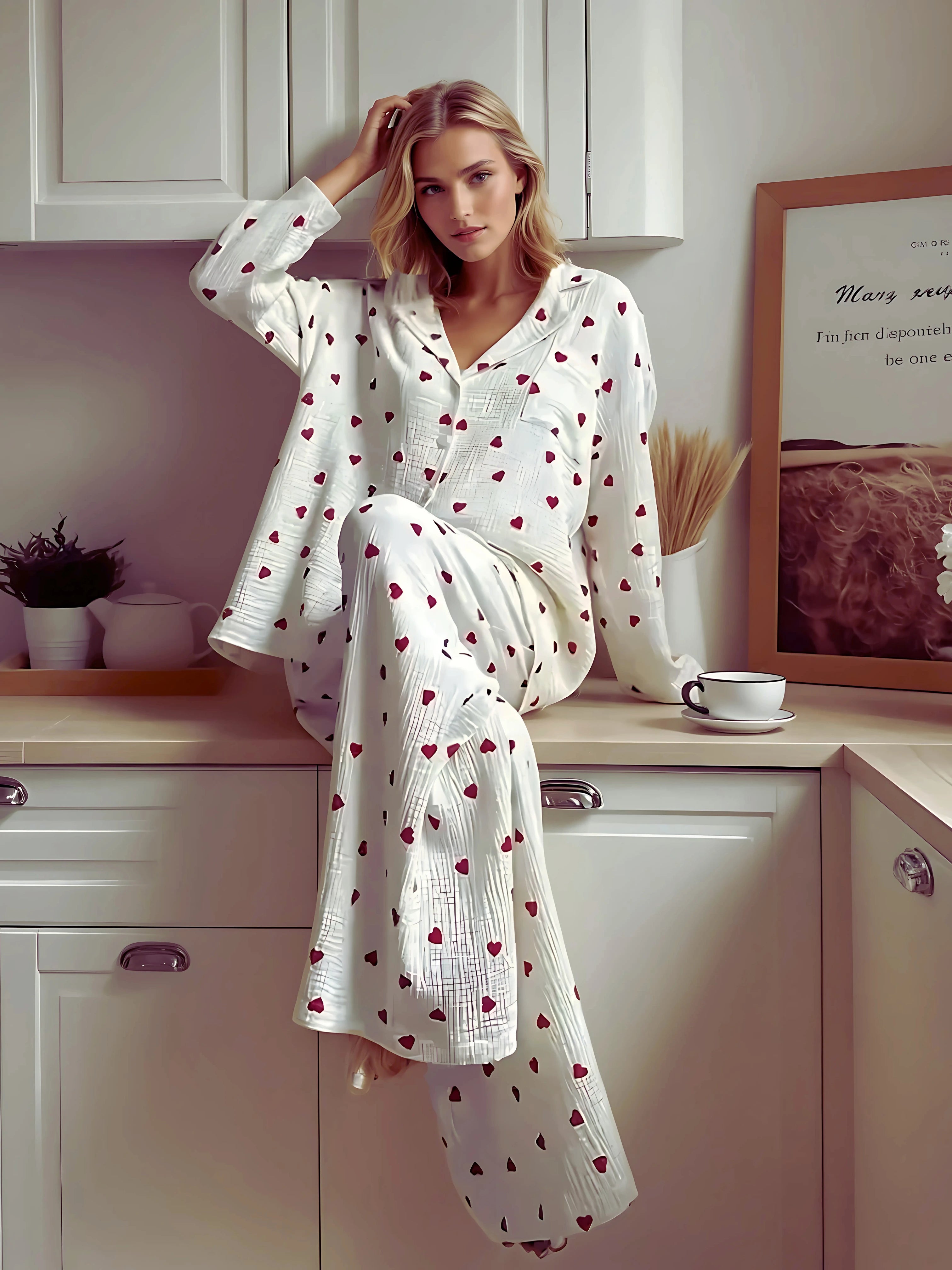 Femme élégante portant un pyjama en satin blanc imprimé de petits cœurs rouges, assise sur un plan de travail de cuisine avec une tasse de café. Ensemble chic et confortable idéal pour des nuits douces.