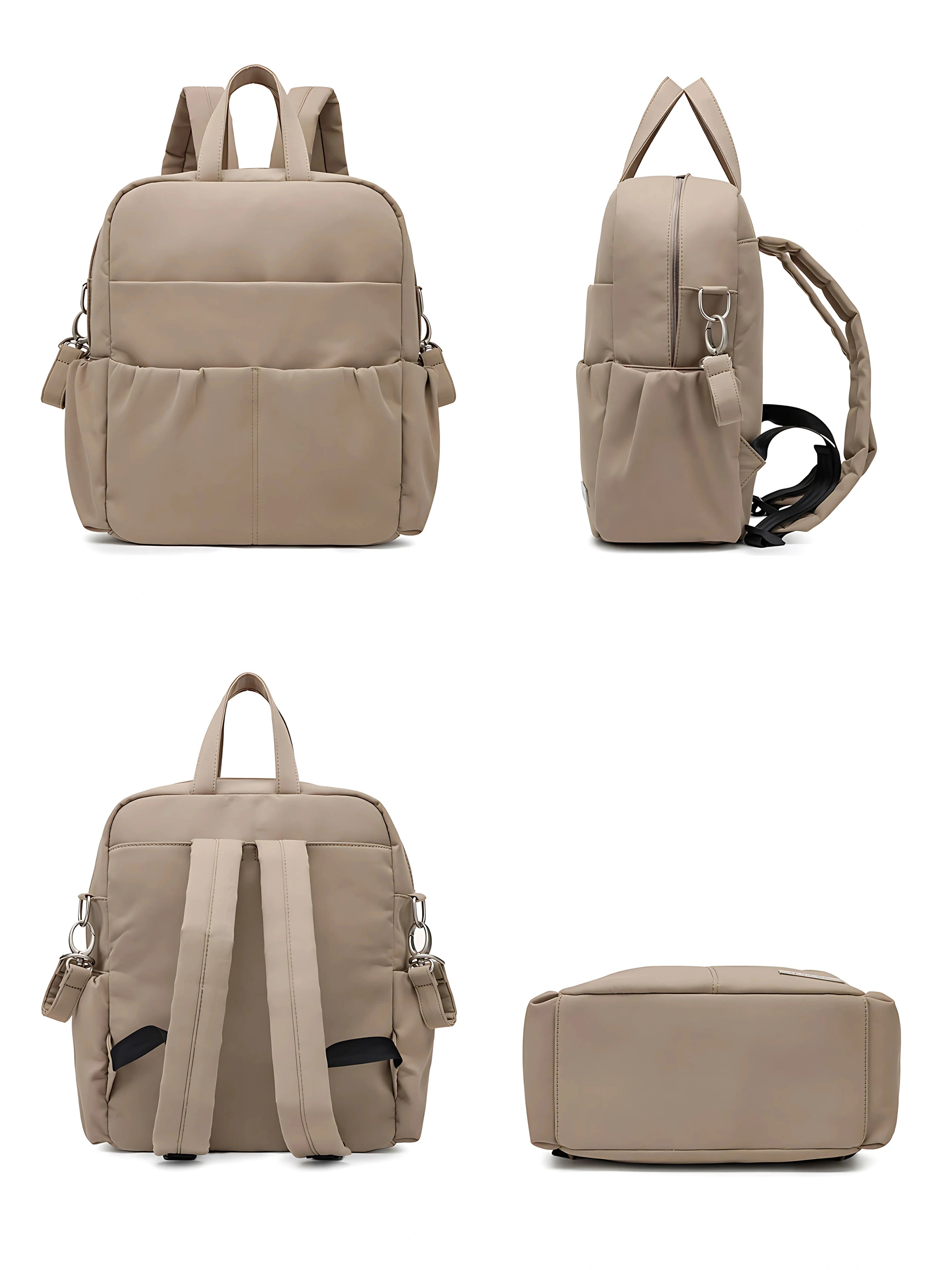 Vue complète d’un sac à langer beige multifonction avec poches latérales, bretelles réglables et un design élégant et pratique pour les parents.