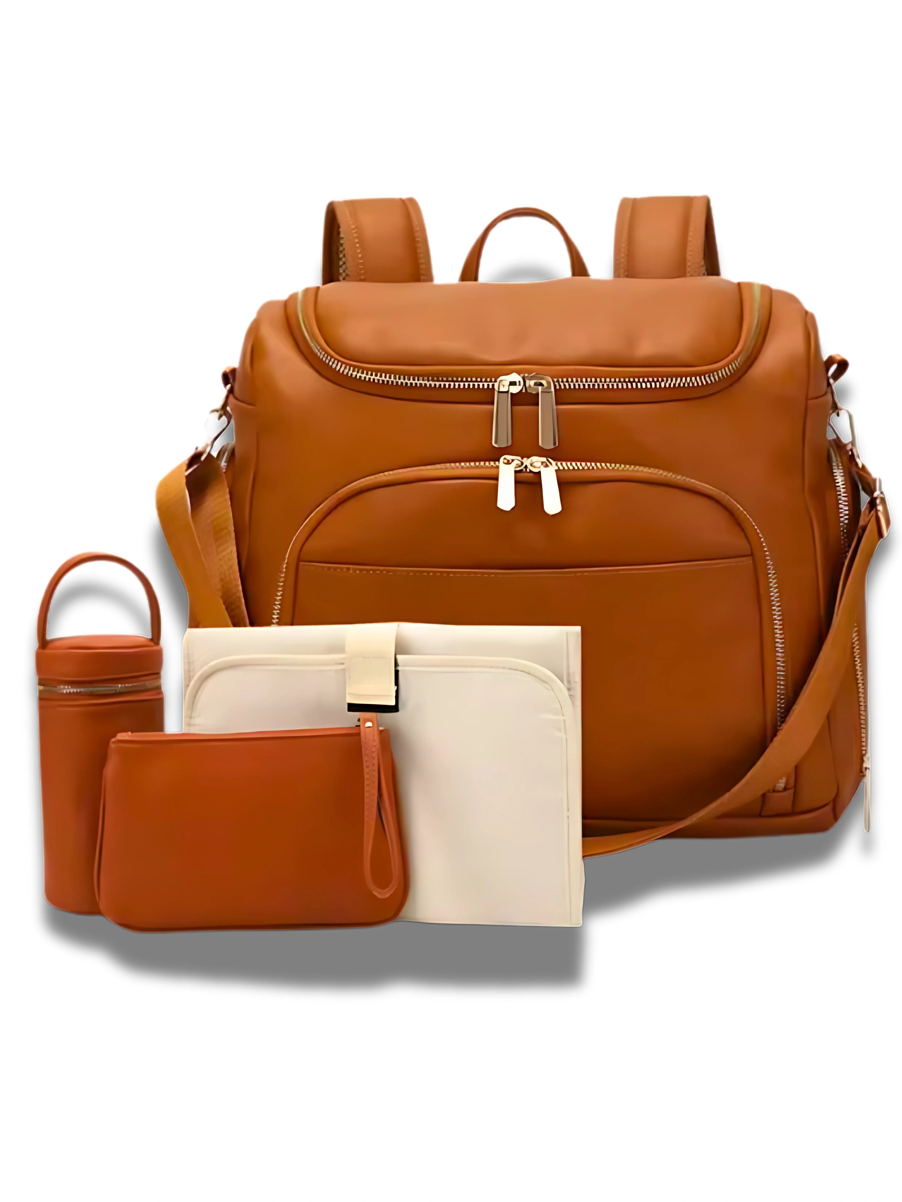 Sac à langer camel multifonction avec accessoires inclus : tapis de change, pochette et sac isotherme pour le biberon, idéal pour les sorties avec bébé.