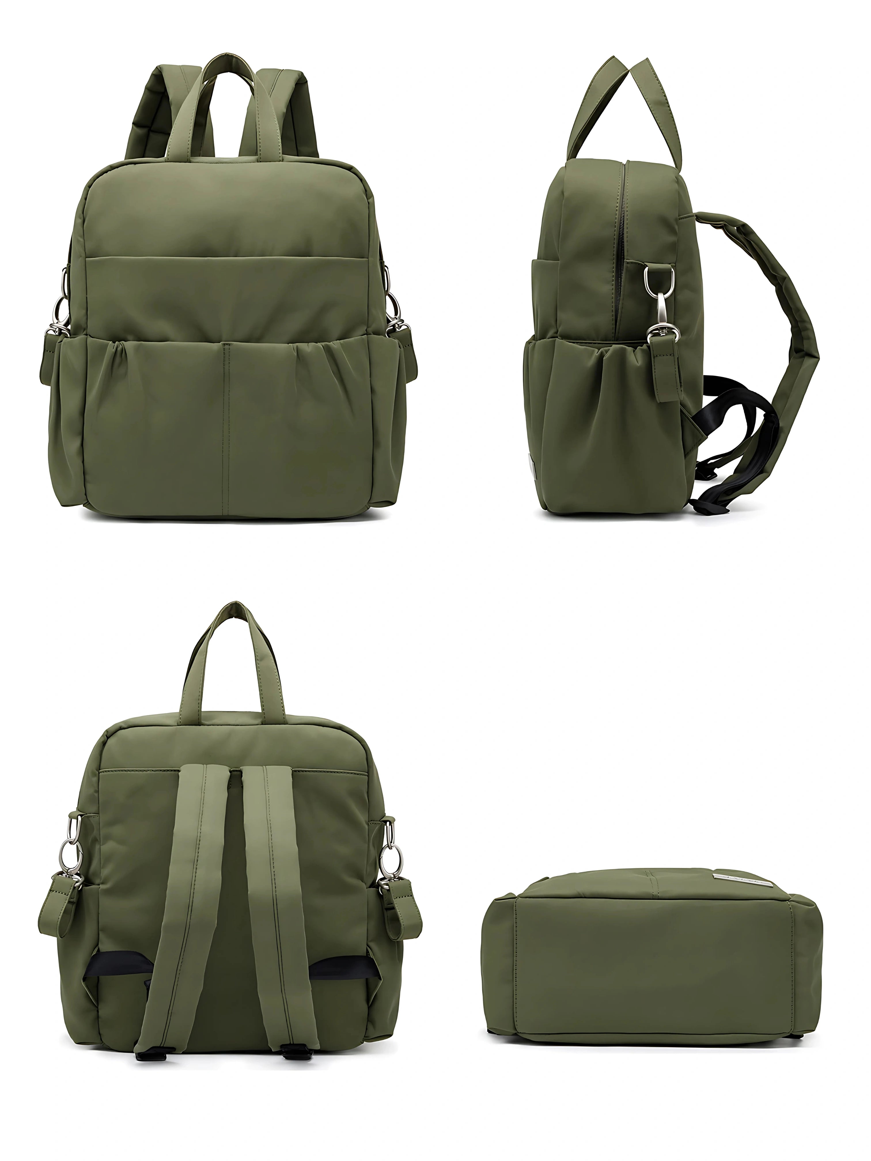 Vue complète d’un sac à langer vert multifonction, avec poches latérales, bretelles réglables et design pratique pour les parents organisés.