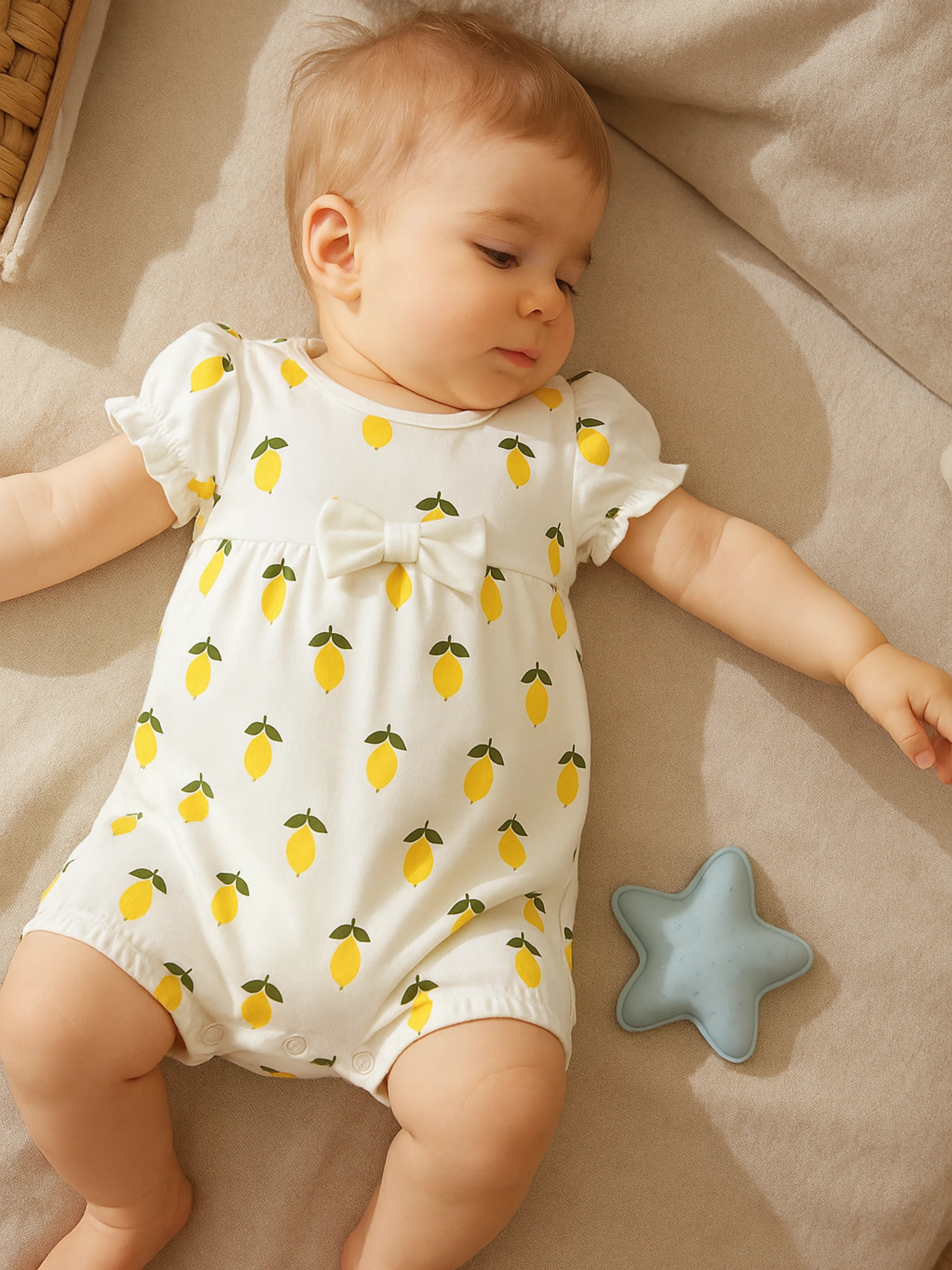Fraîcheur d’Été & Confort Naturel  - La Barboteuse Petits Citrons En Coton Biologique Oeko-Tex®