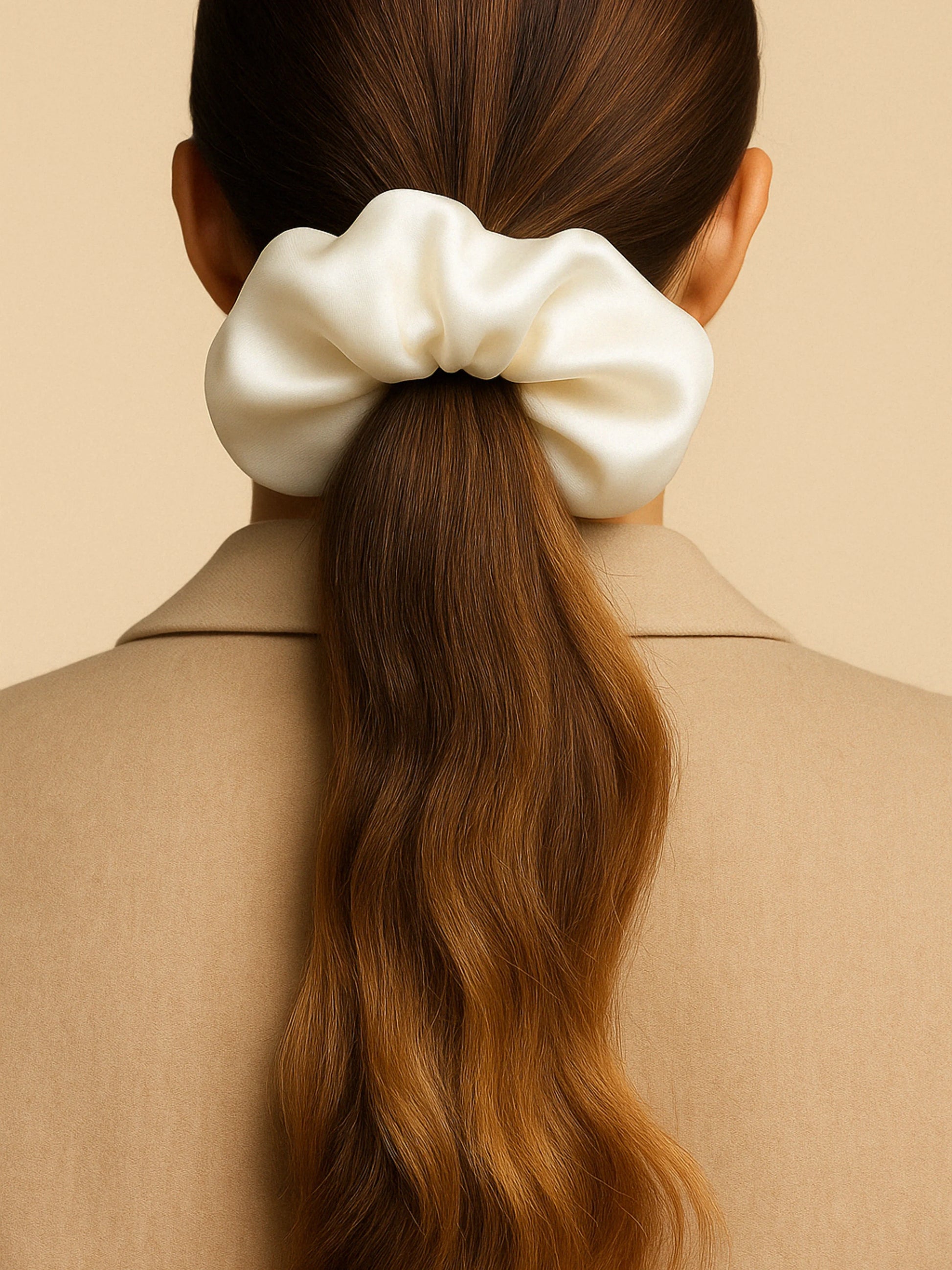 Chouchou cheveux en satin blanc porté sur queue de cheval, accessoire élégant et tendance pour femme.