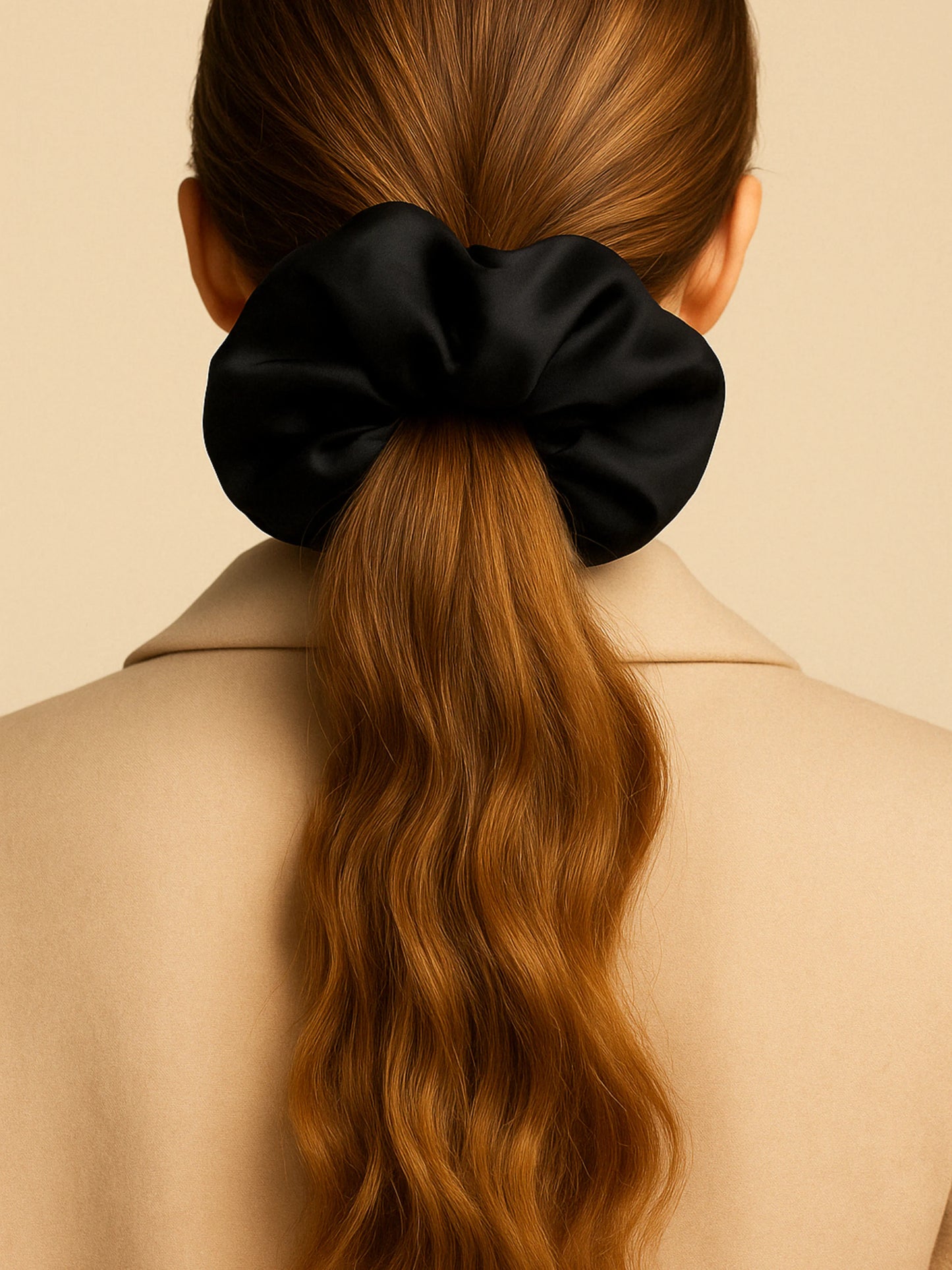 Chouchou cheveux noir en satin, accessoire chic et minimaliste pour sublimer toutes vos coiffures.