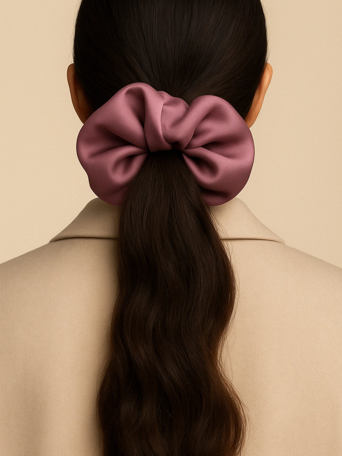 Chouchou cheveux en satin vieux rose, accessoire élégant pour attacher les cheveux avec style.