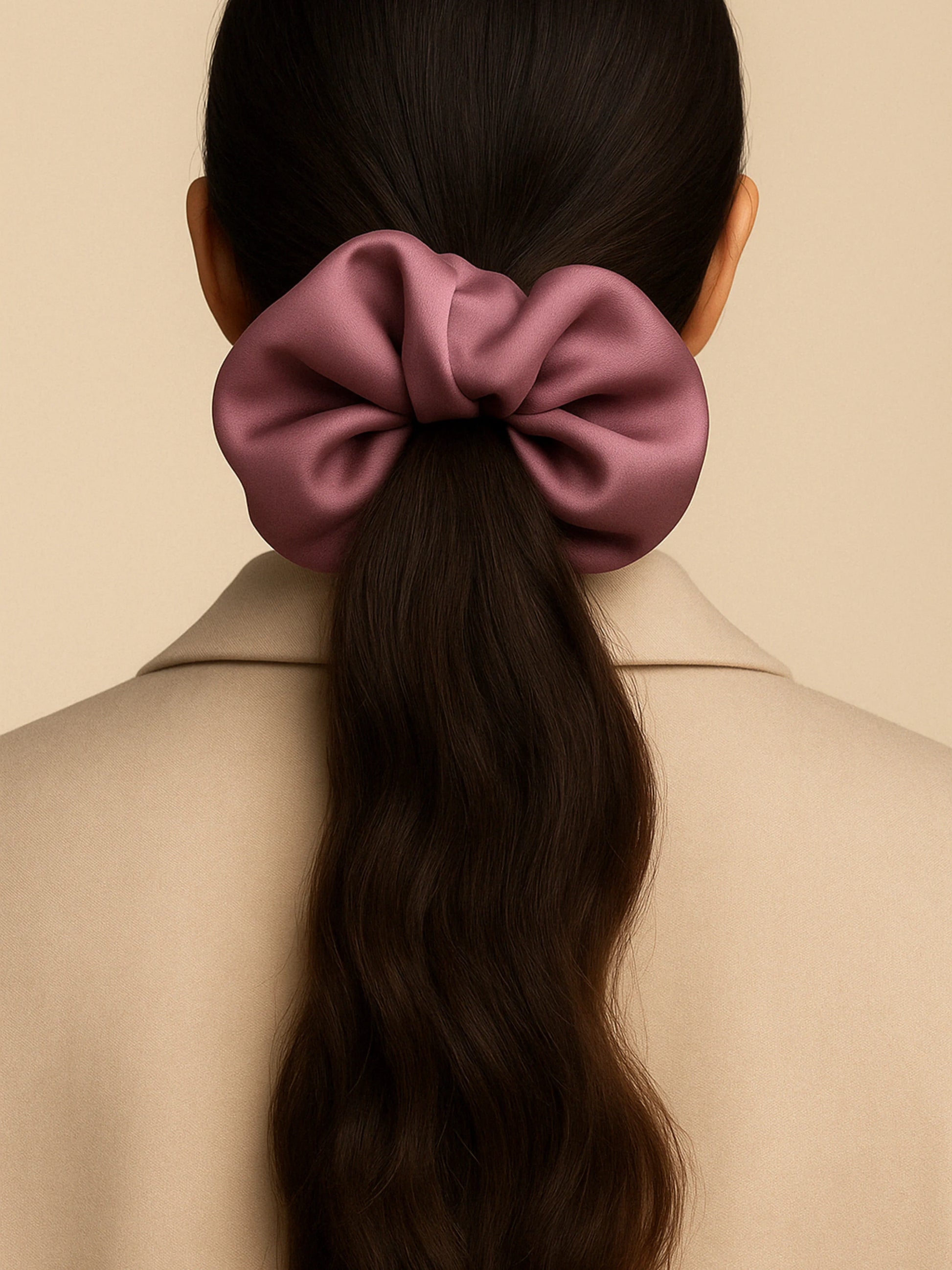 Chouchou cheveux en satin vieux rose, accessoire élégant pour attacher les cheveux avec style.