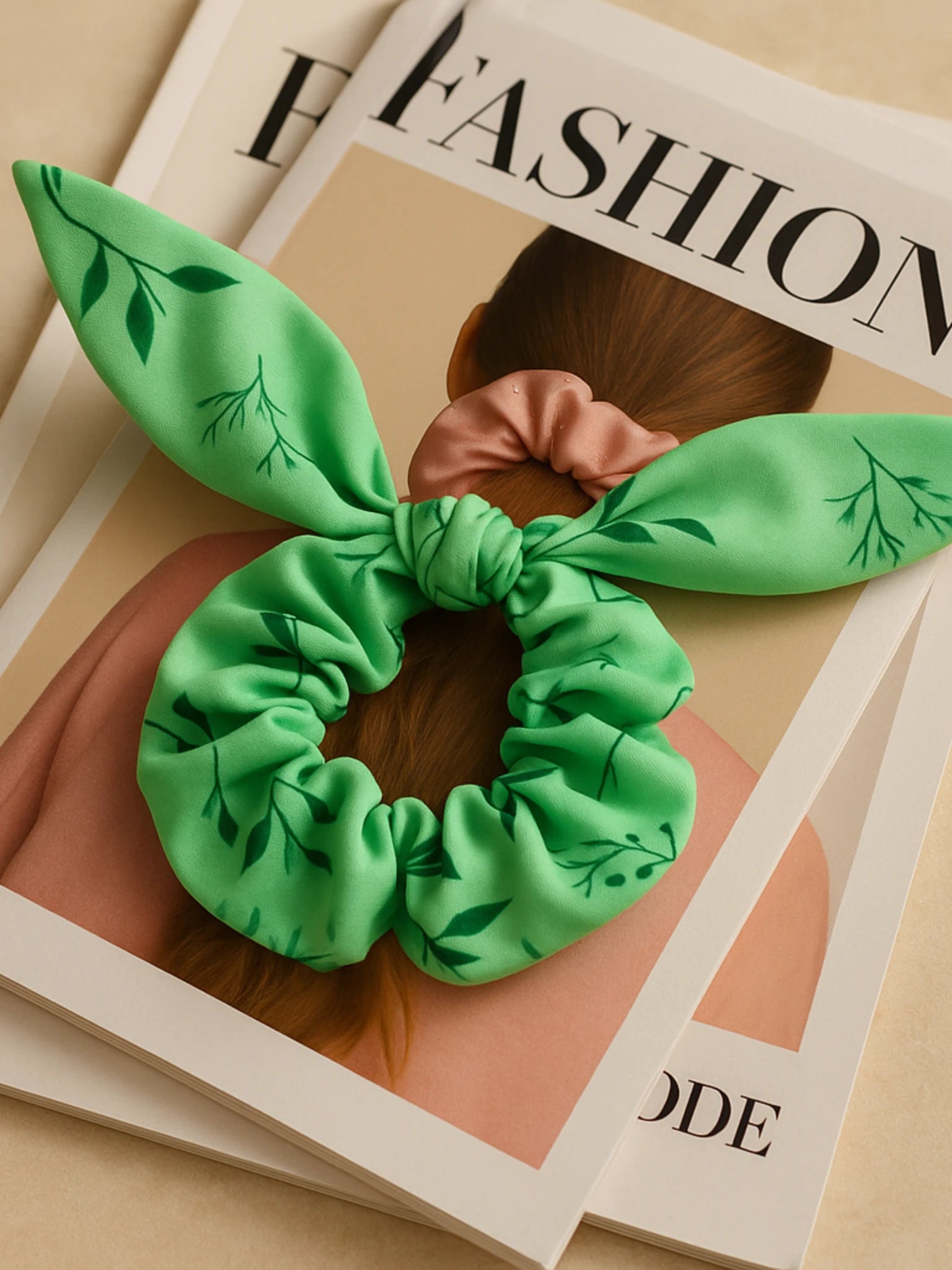 Chouchou cheveux XXL - Vert menthe, motif feuilles