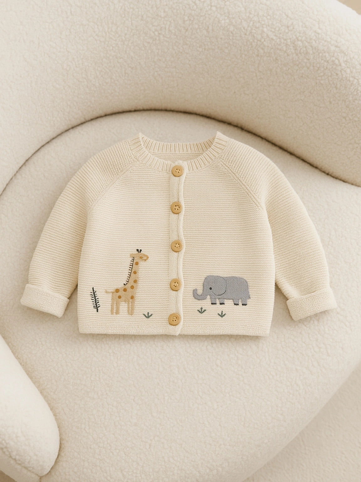 Baby knitted vest with embroidered animals – Giraffe and elephant