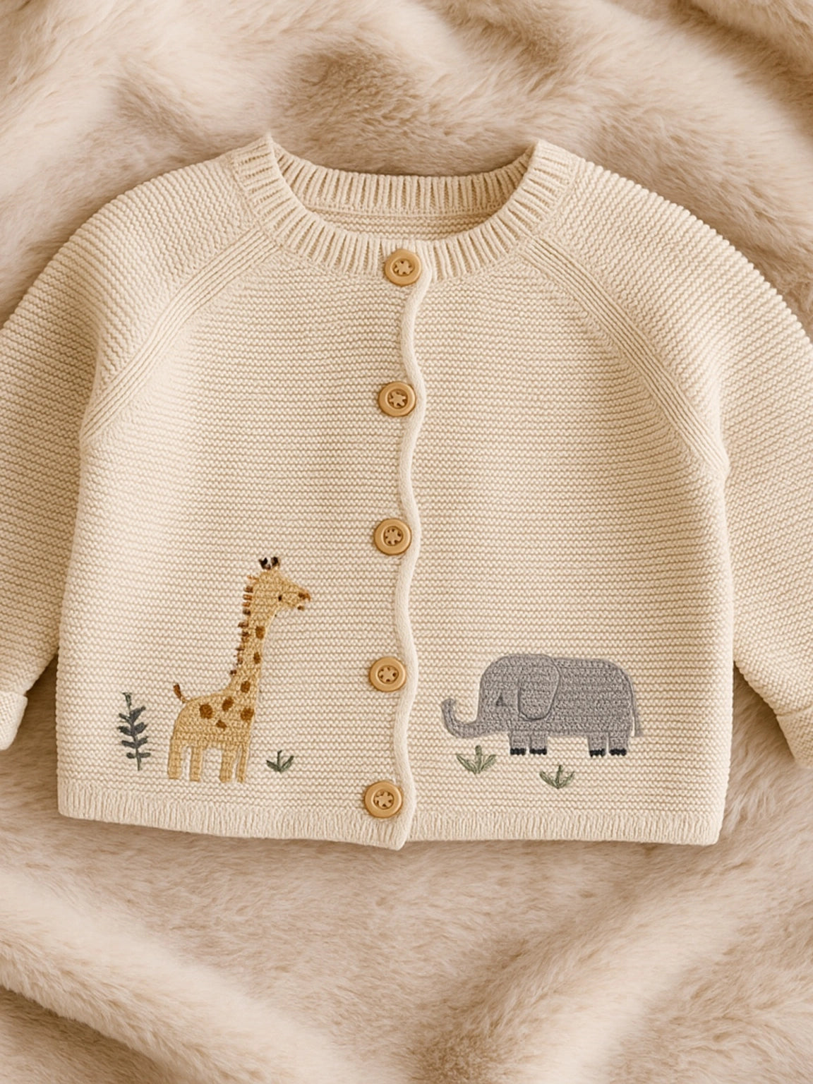 Baby knitted vest with embroidered animals – Giraffe and elephant