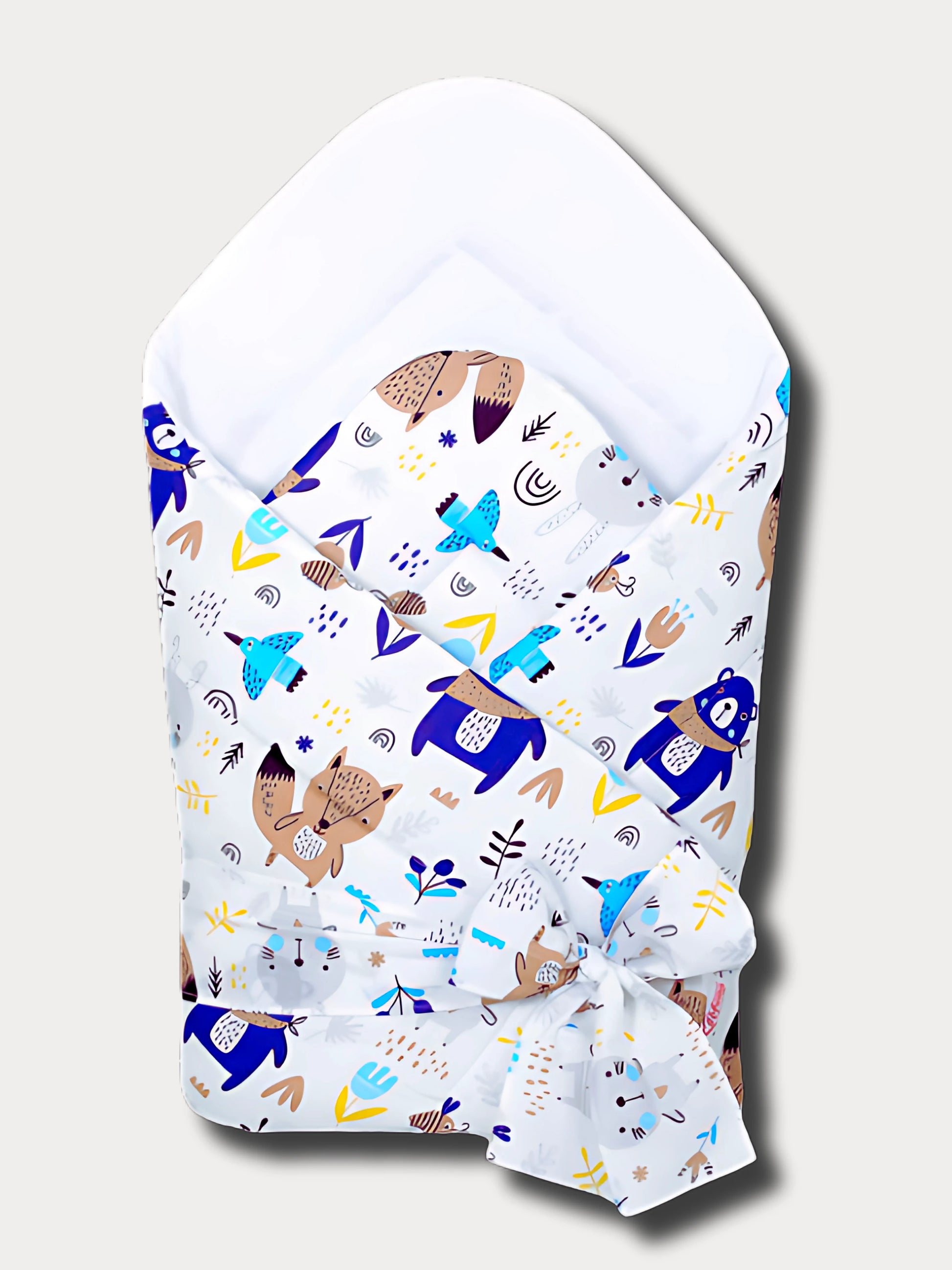 Nid d’ange pour bébé blanc à motifs animaux rigolos en bleu, jaune et marron, fabriqué à la main en coton Oeko-Tex®