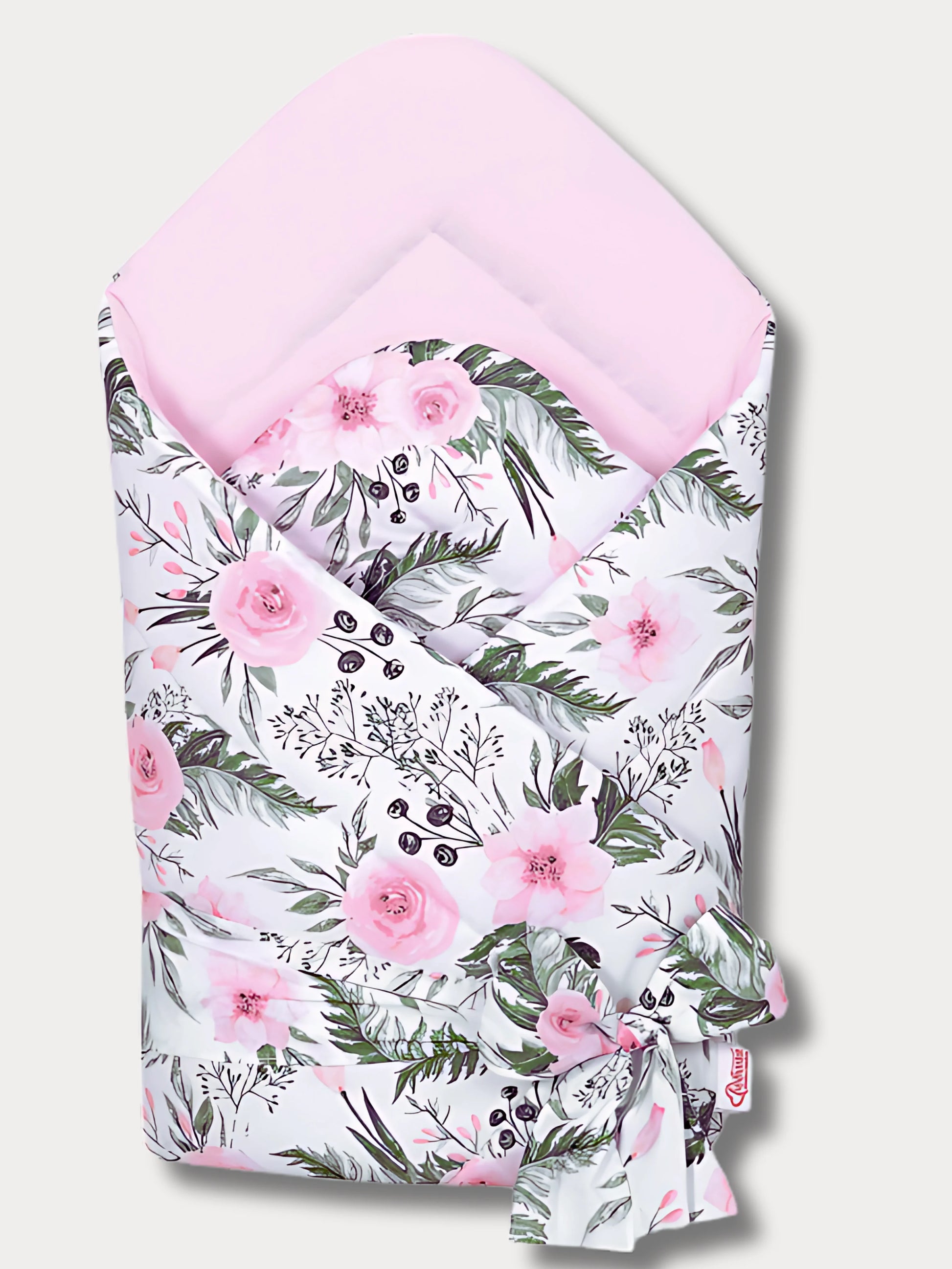 Nid d’ange pour bébé motif floral rose avec intérieur rose pâle, fabriqué à la main en coton Oeko-Tex®
