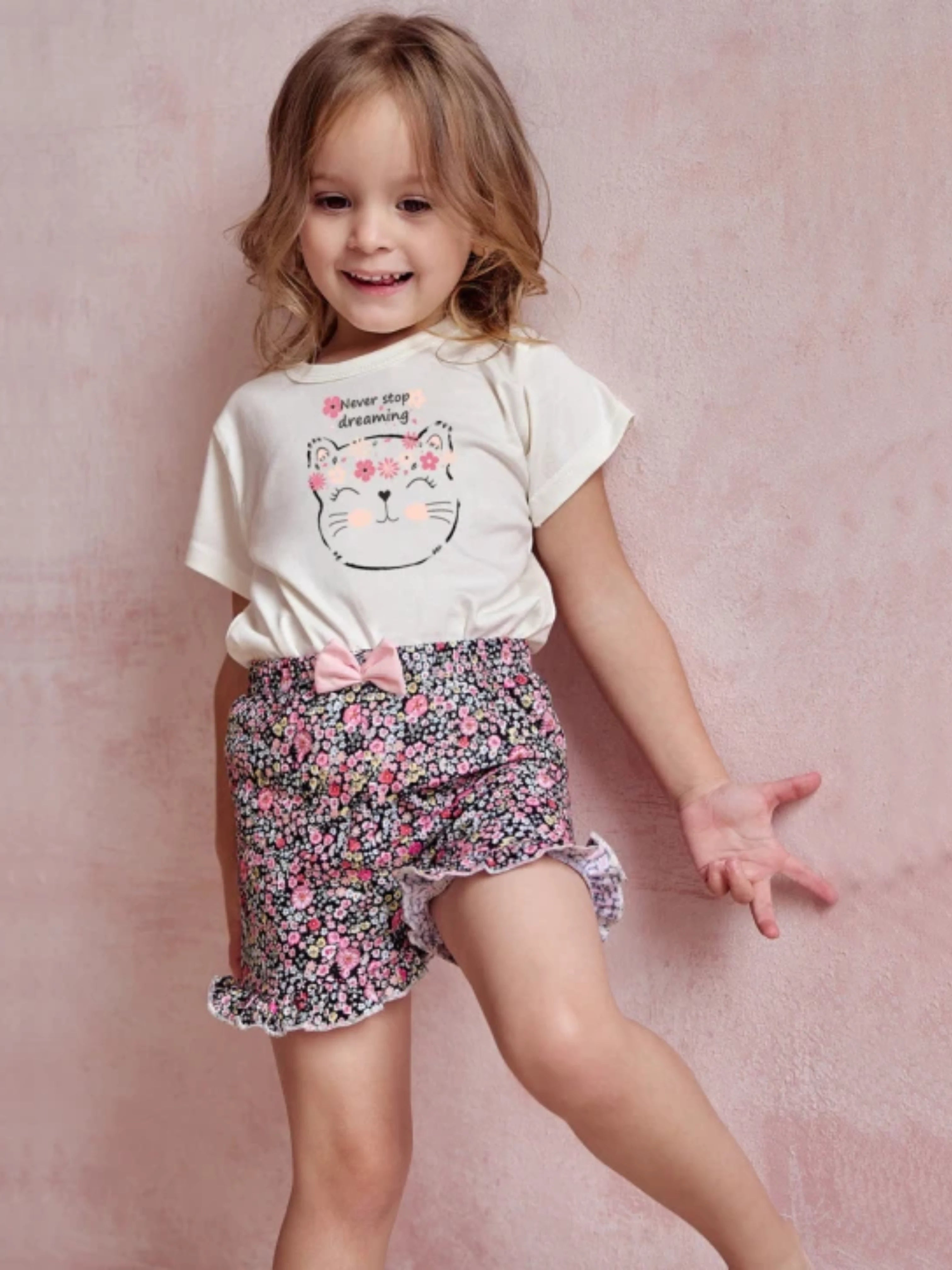 Rêves Enchantés – Pyjama fille short en coton doux imprimé fleuri & chat