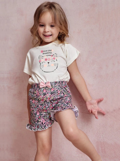 Motifs Enchantés & Douceur Légère | Le Pyjama Short Fille en Coton Imprimé Fleuri & Chat Oeko-Tex®