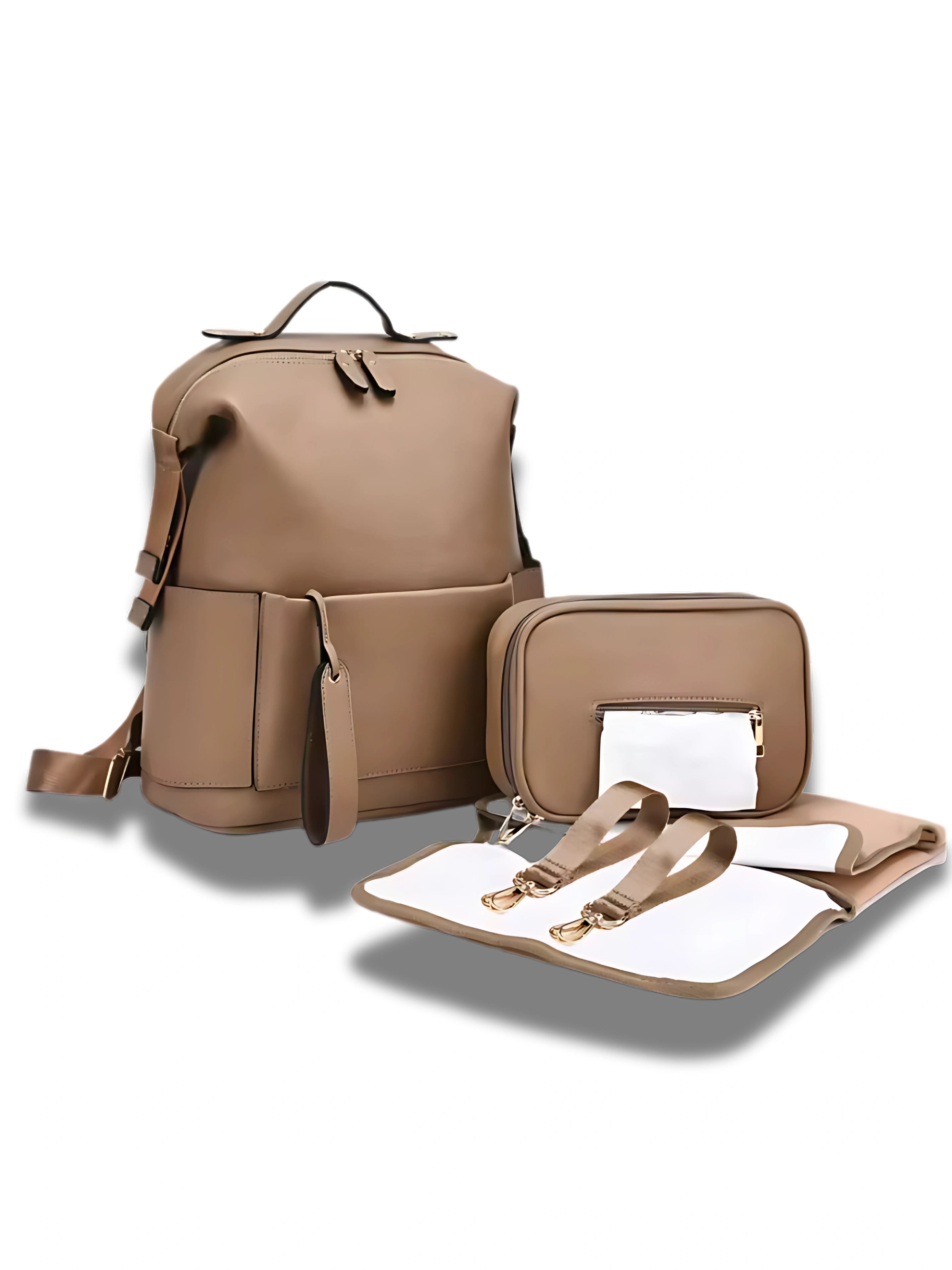 Sac à langer beige multifonction avec pochette supplémentaire, tapis de change et bretelles réglables pour faciliter les déplacements avec bébé.