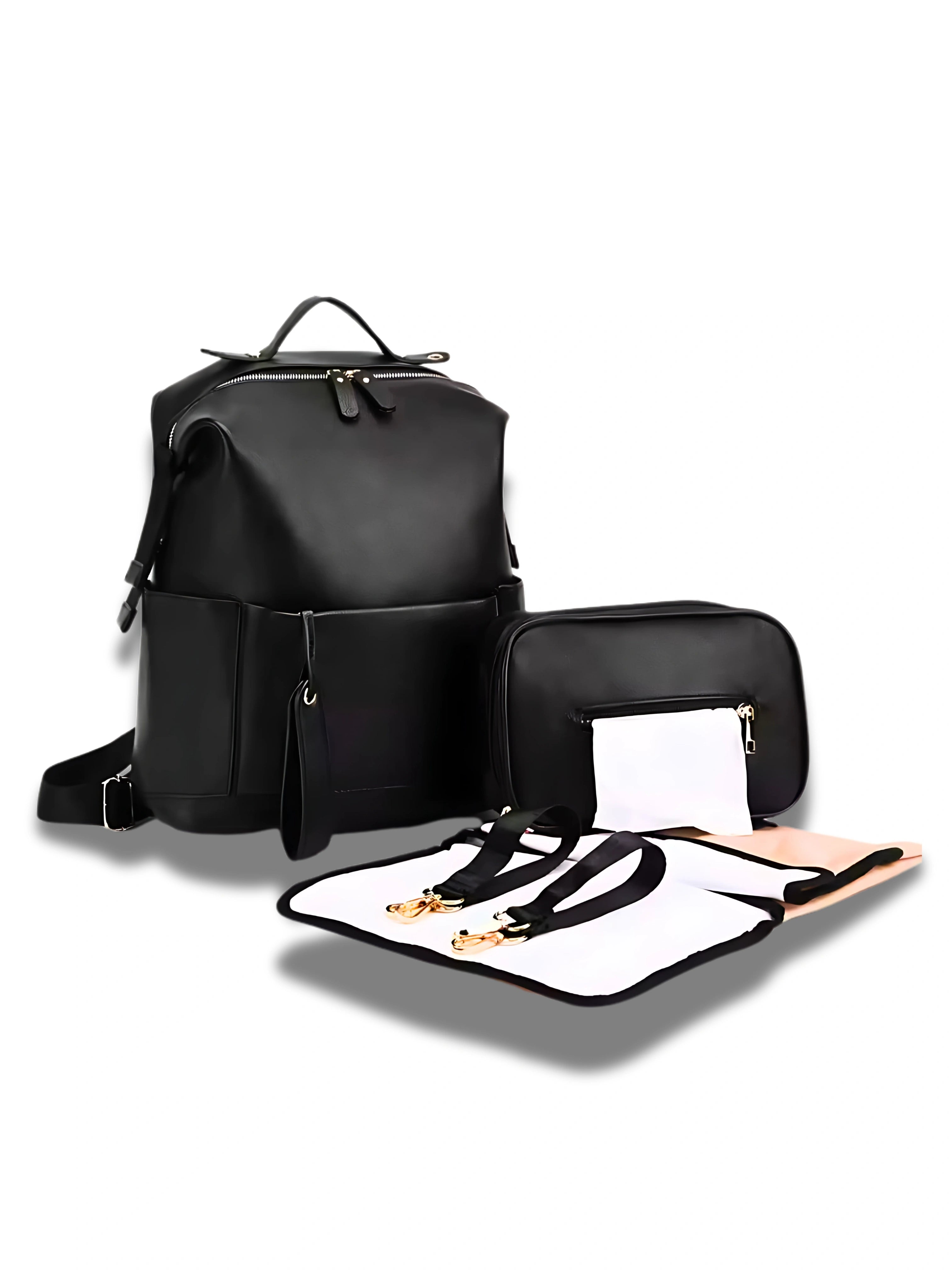 Sac à langer noir multifonction avec pochette supplémentaire, tapis de change et accessoires pratiques pour organiser les affaires de bébé.