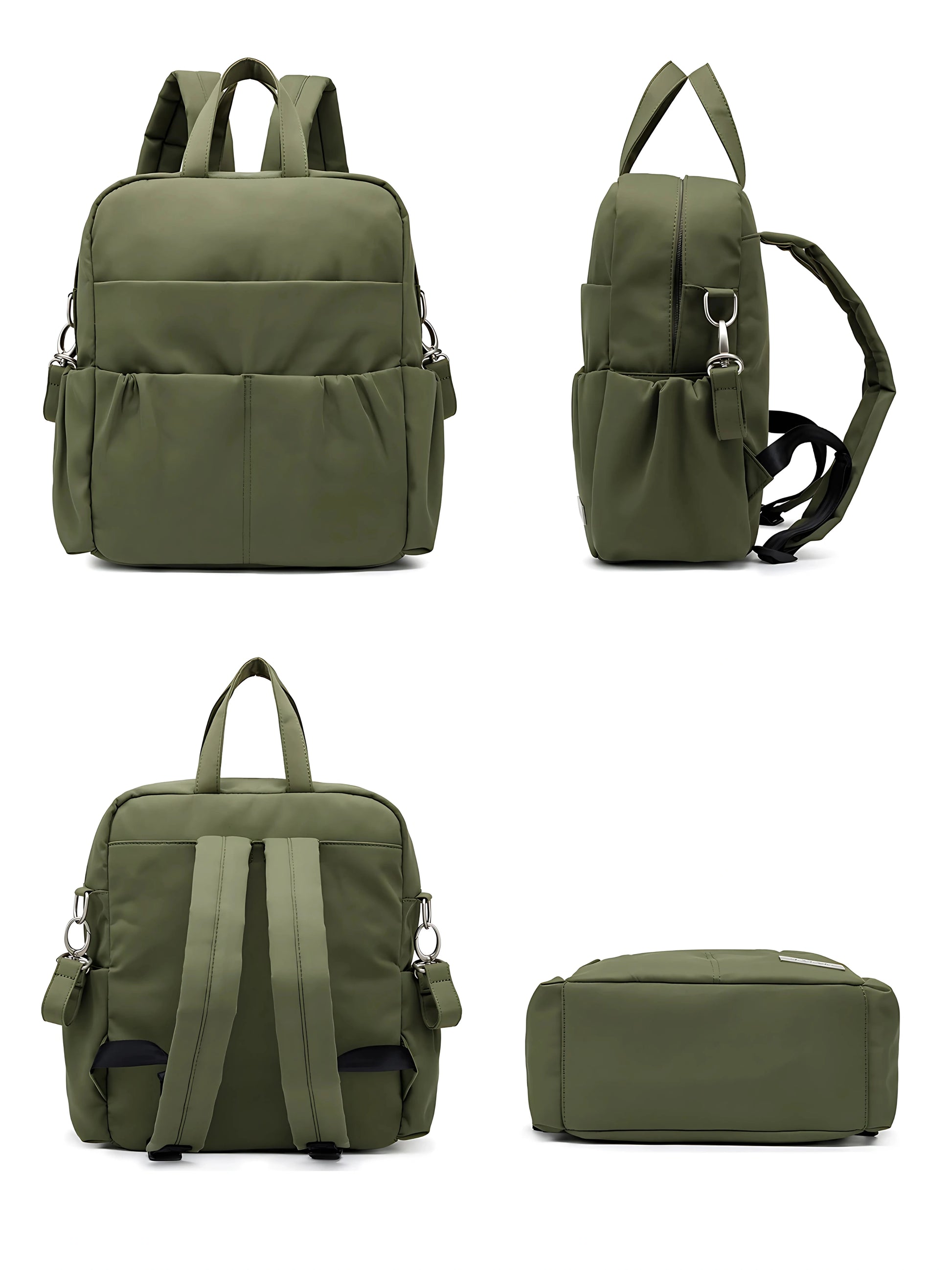 Vue complète d’un sac à langer vert multifonction, avec poches latérales, bretelles réglables et design pratique pour les parents organisés.