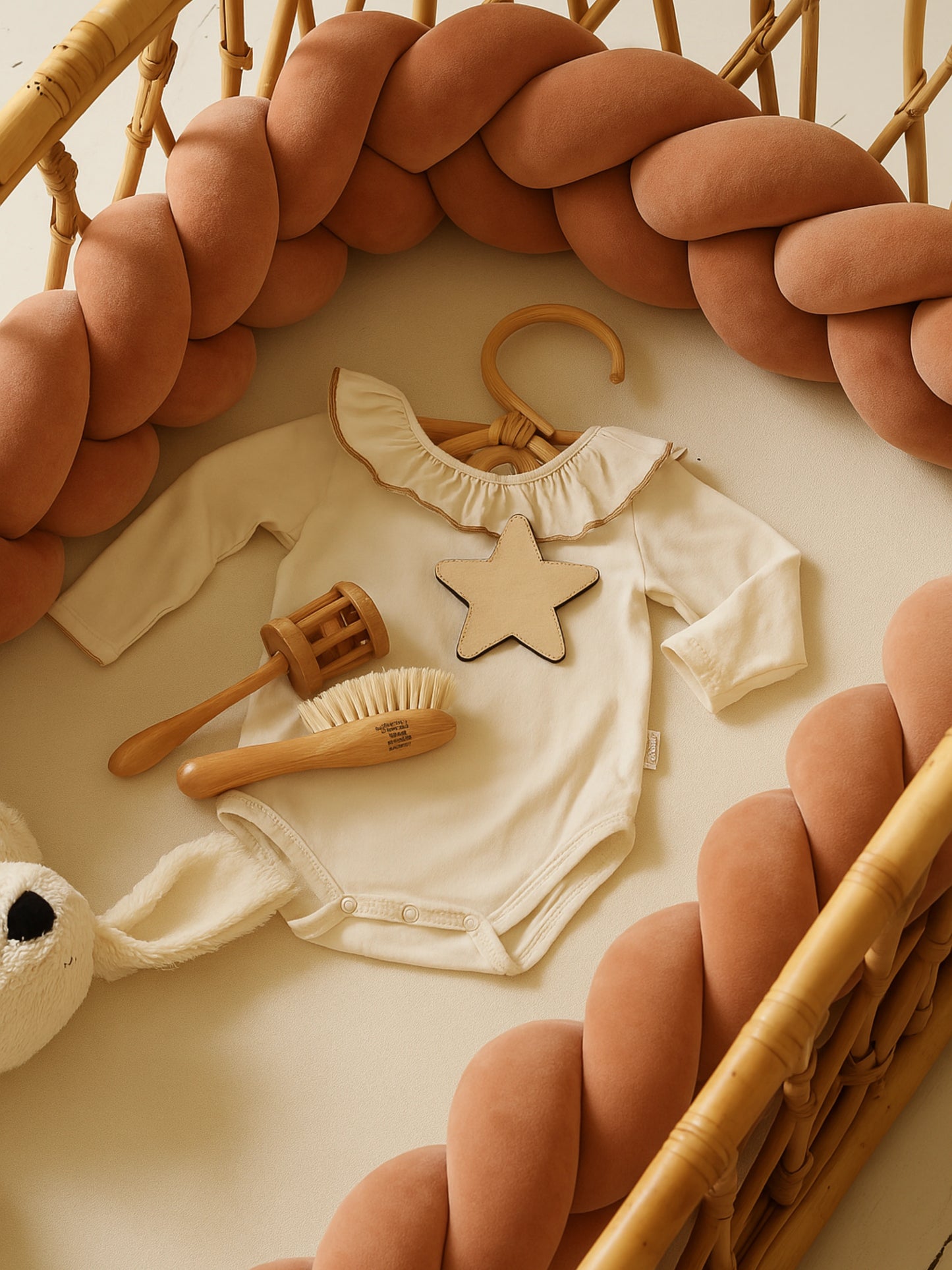 Tour de lit terracotta entourant un body étoilé et des accessoires de naissance en bois, ambiance douce et naturelle.