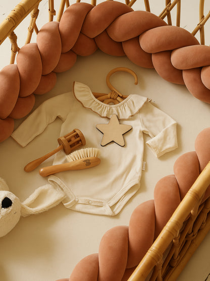 Tour de lit terracotta entourant un body étoilé et des accessoires de naissance en bois, ambiance douce et naturelle.