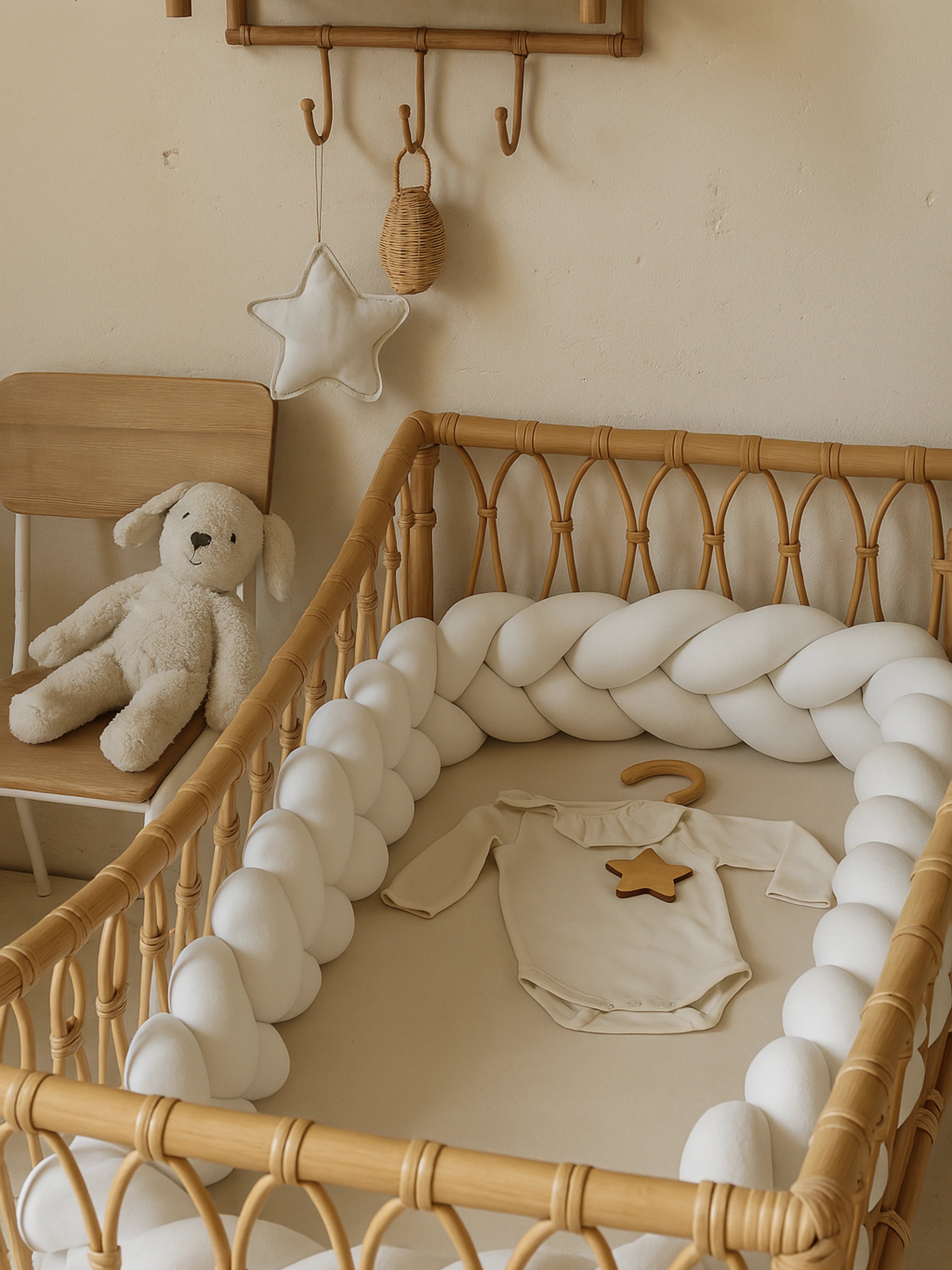 Tresse de lit bébé blanche dans un berceau en rotin, body crème posé au centre avec cintre et étoile en bois, peluche assise sur une chaise et décoration murale douce – Maison Casse-Noisette.