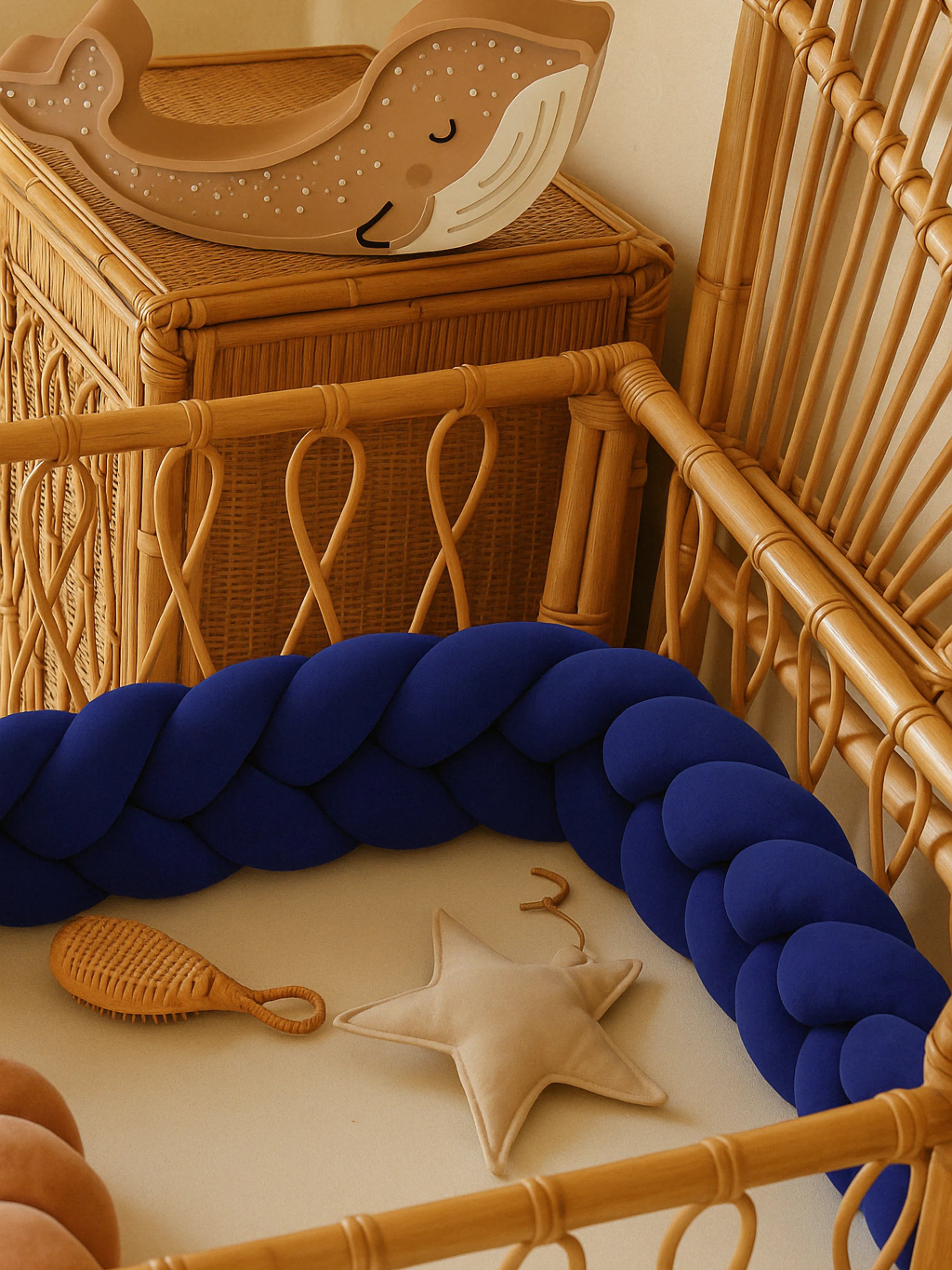 Tresse de lit bleu royal dans lit en rotin – chambre bébé naturelle avec décoration en bois et étoile en tissu