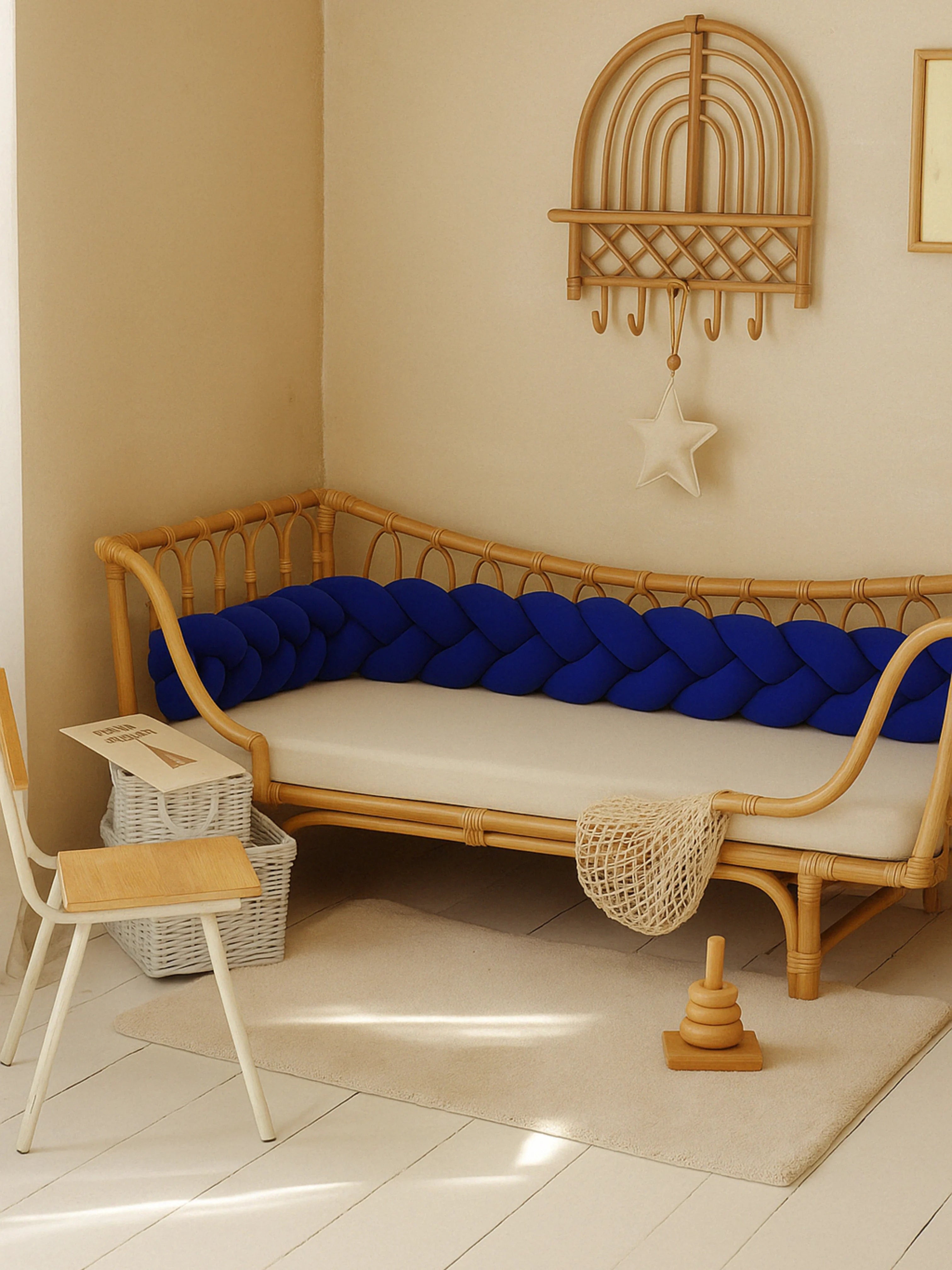 Tresse de lit bébé bleu royal pour lit cabane ou lit évolutif – Maison Casse-Noisette, décor bohème et chambre enfant chaleureuse